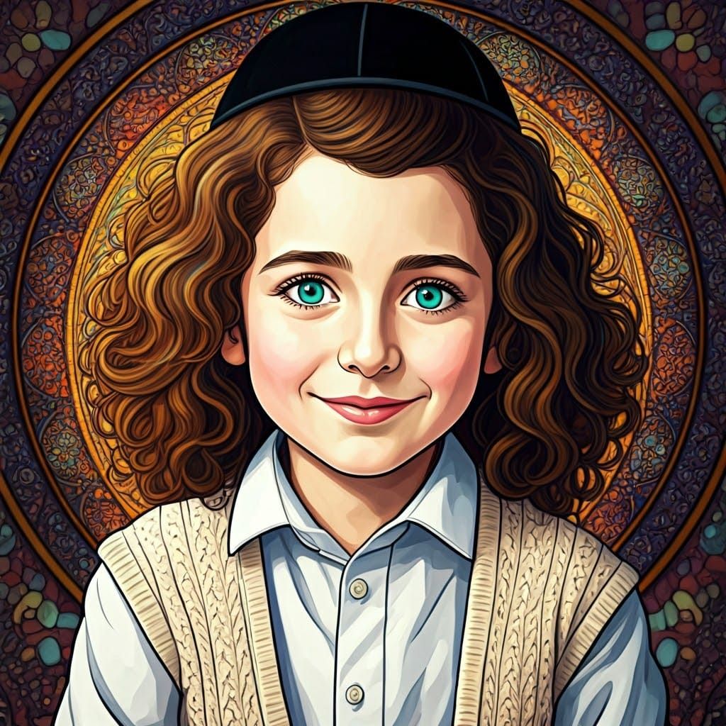 Chagall-Inspired Stained Glass Portrait of a Haredi Boy