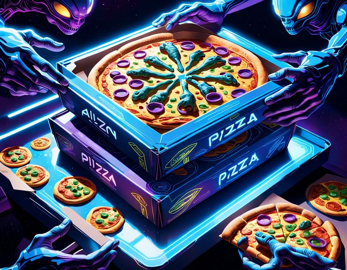 Alien Hands Hold Glowing Pizza: Syd Mead Inspired Art