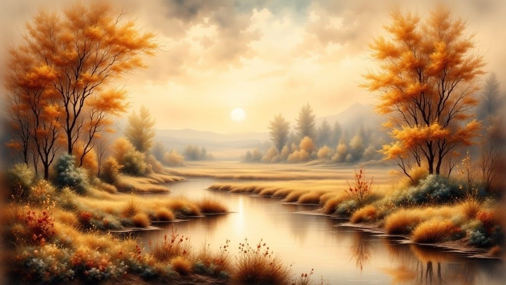 Warm Vintage Landscape Artwork in Watercolor Style