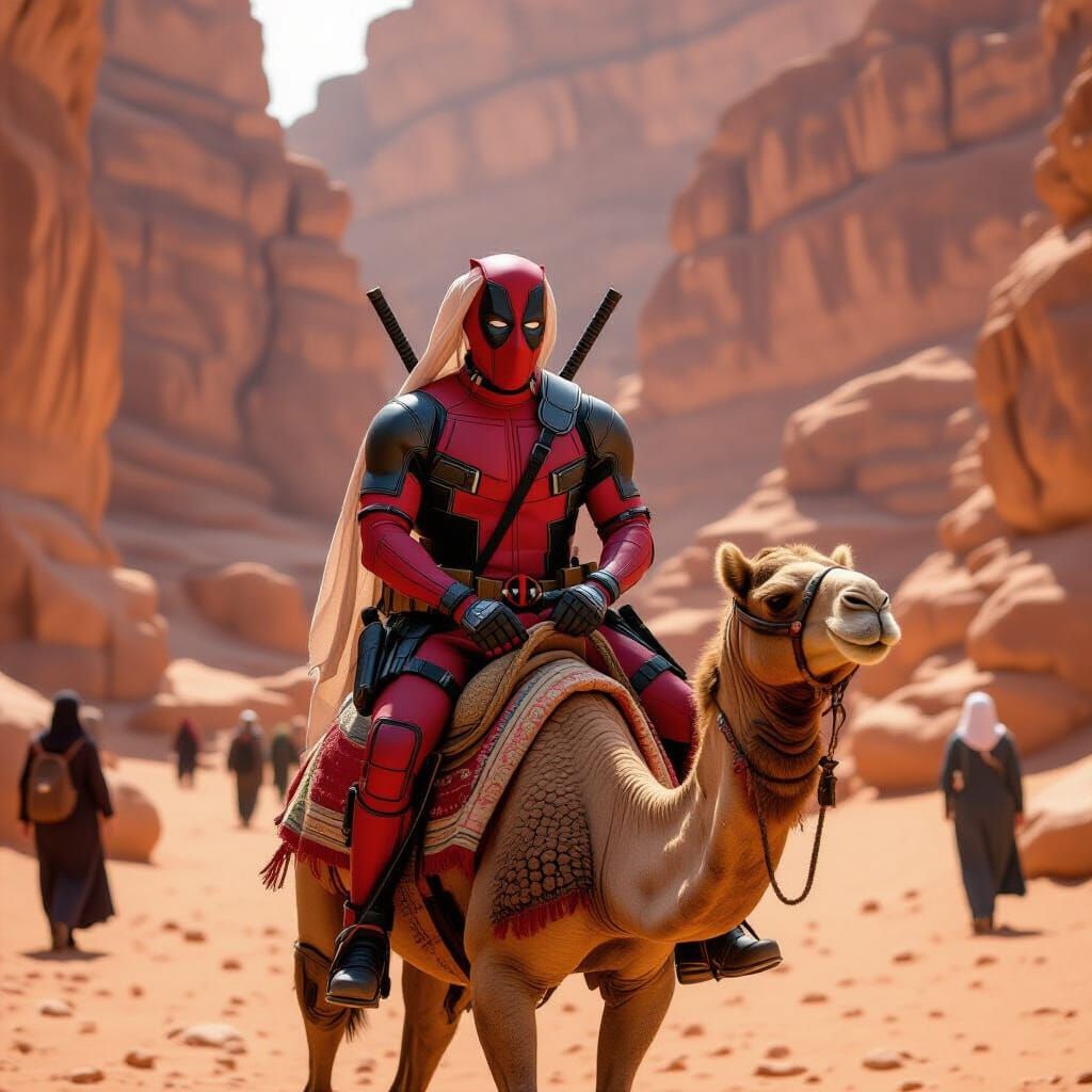 Deadpool Rides a Camel Through Petra in Bedouin Robes