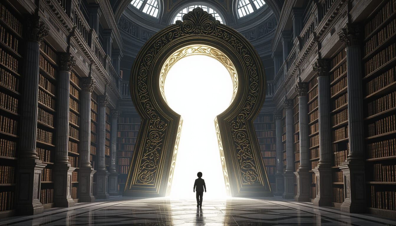 Child Walks Through Ornate Keyhole to Bright White Light