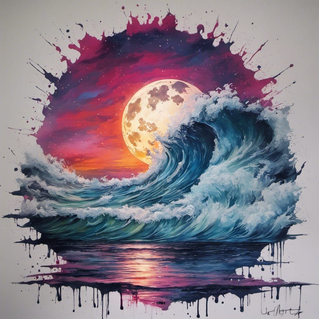 Super Moon Ocean Scene in Graffiti Art Style