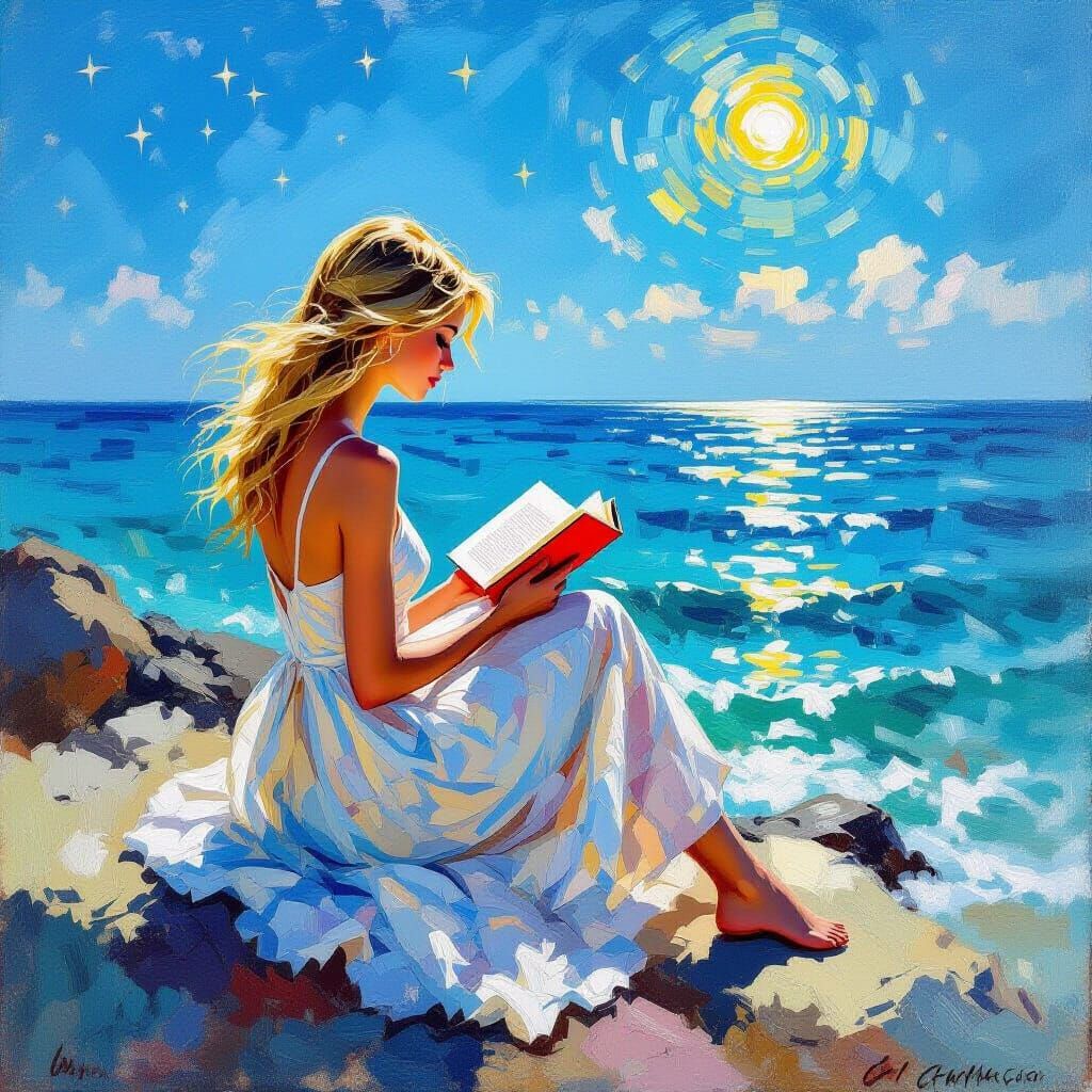Girl Reading on Baltic Shore in Neo-Impressionist Style