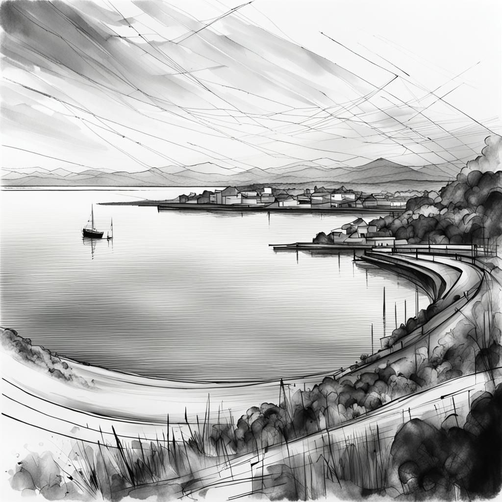 Abstract Black and White Sketch Overlooking a Bay