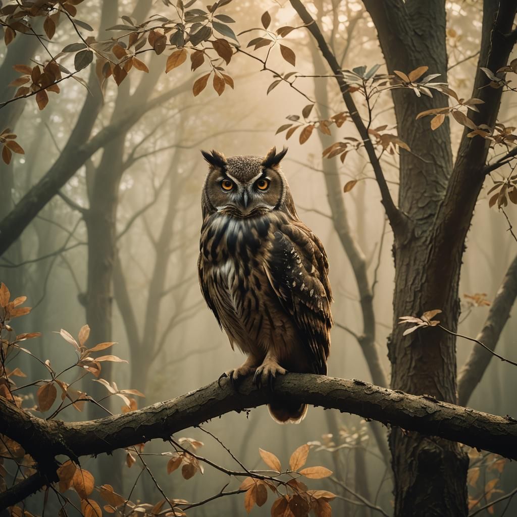 Wise Old Owl in Mystical Forest: Cinematic Film Still
