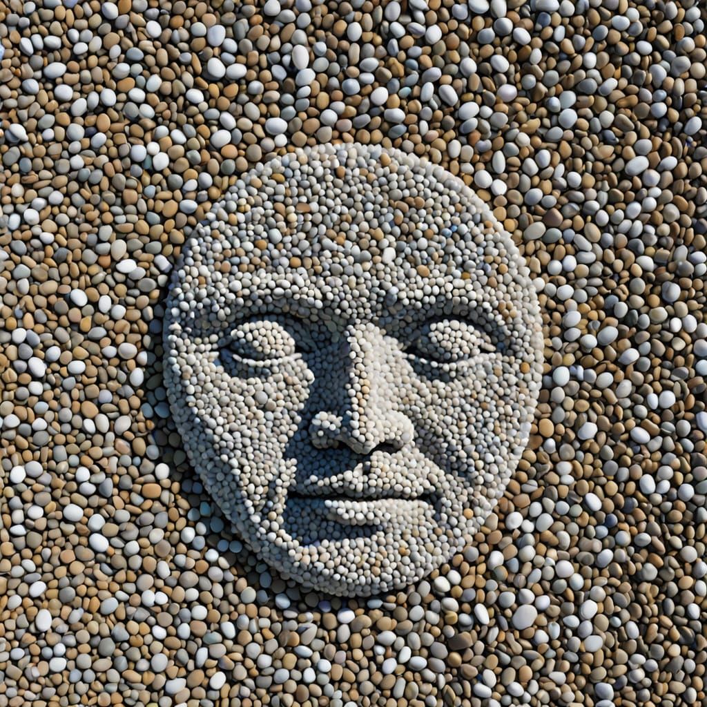 A beach, the sea washing the pebbles into the shape of a face