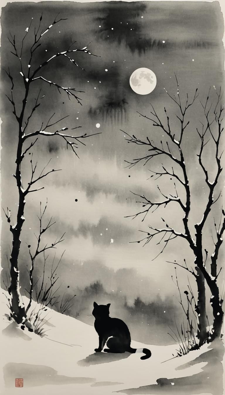Minimalist Chinese Ink Painting: Cat in Snowy Moonlight