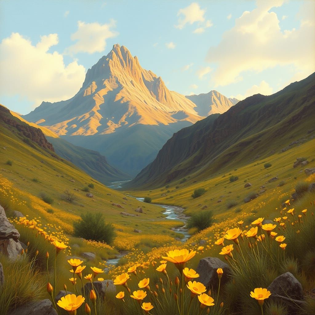 Yellow Lotos Blooms in Valley Below Barren Peak, Oil Paintin...