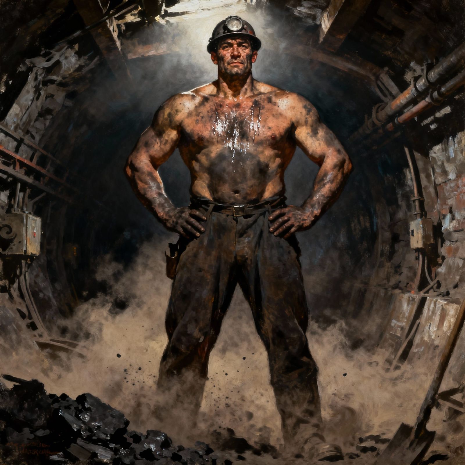 Heroic Coal Miner in Gritty Oil Painting Style
