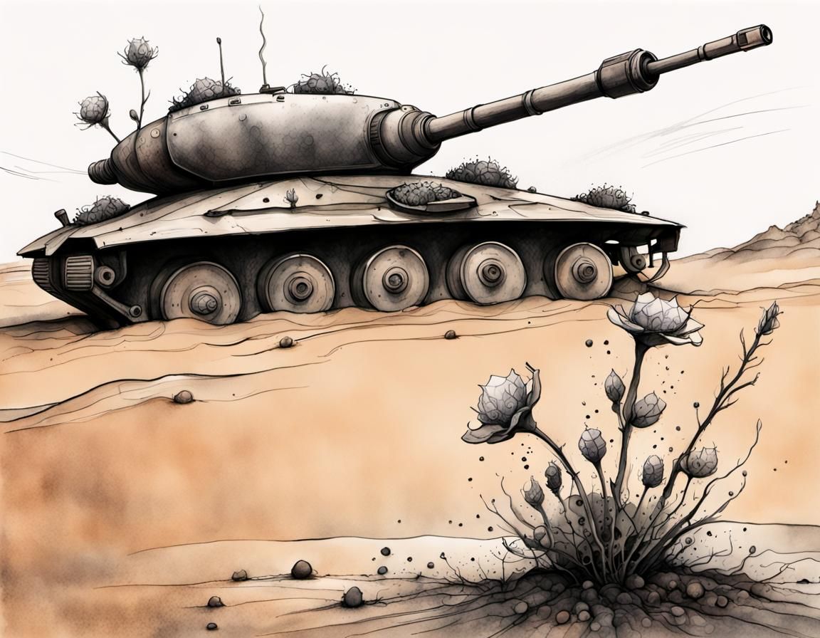 Flower Overturns Tank: Apocalyptic Desert in Ink Wash