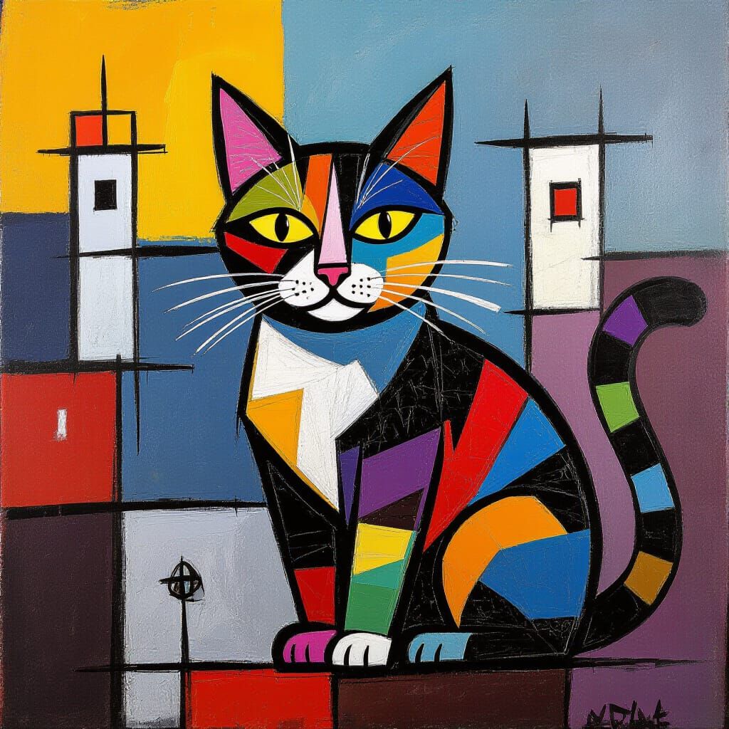 Postmodern Expressionist Cat Amidst Urban Chaos