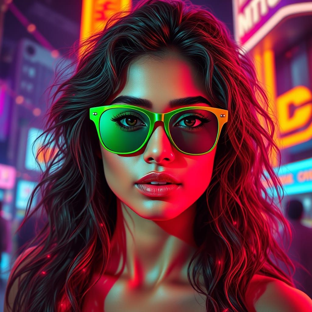 Futuristic Indian Woman in Neon-Lit Vaporwave Landscape