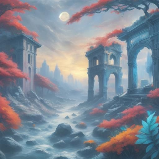 Elysian Cityscape with Sunbeams and Swirls