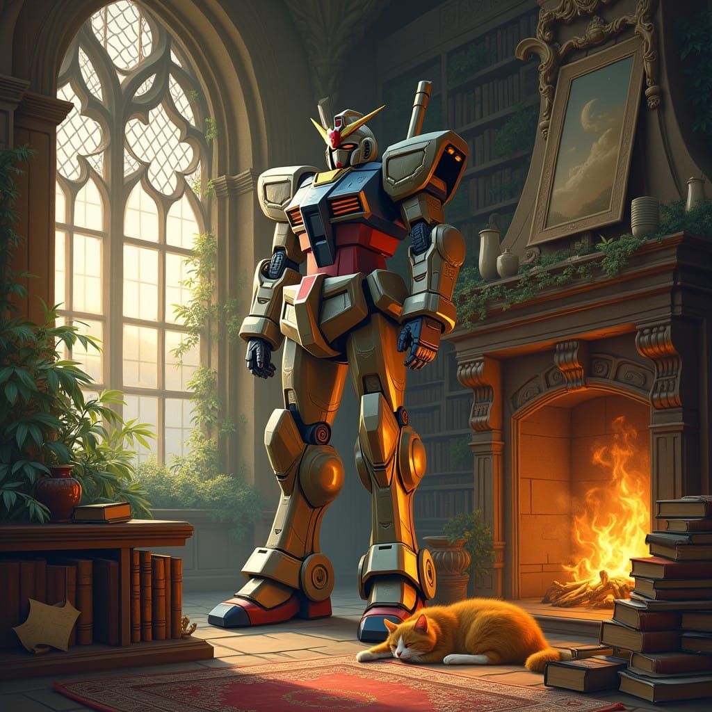 Majestic Gundam Illuminated by Sunset in Renaissance-Style O...