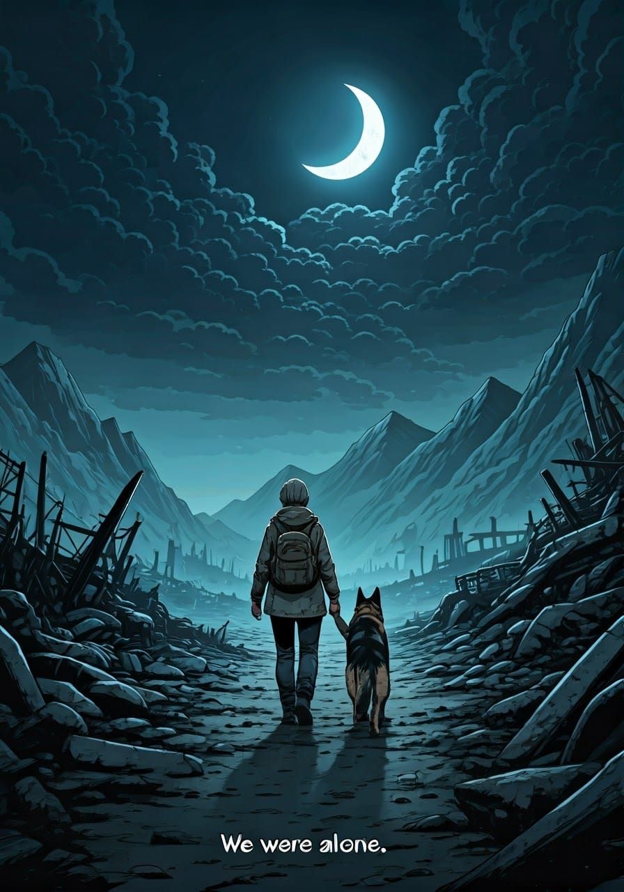 Post-Apocalyptic Woman and Dog in Wasteland