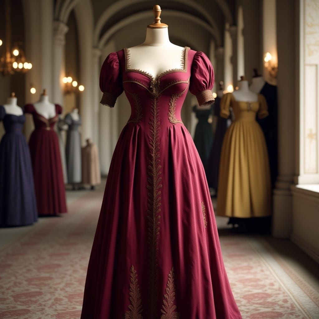 Burgundy Regency Gown on Mannequin Display