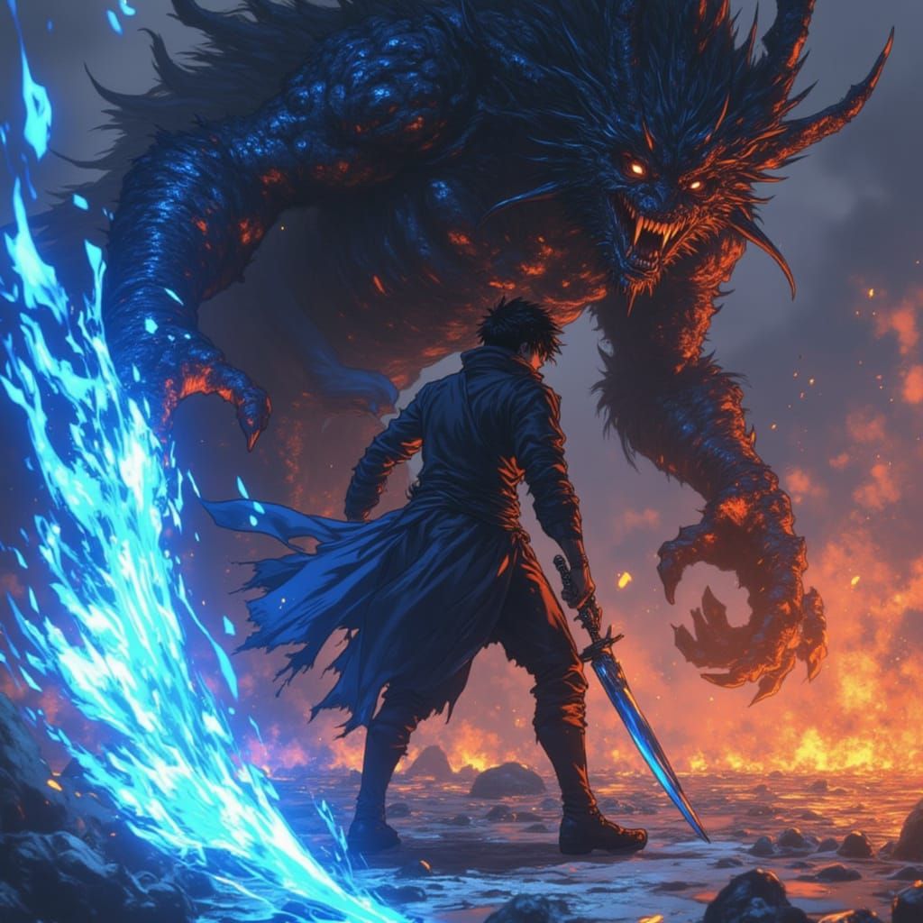 Anime Warrior with Void Eyes Fights Giant Demon
