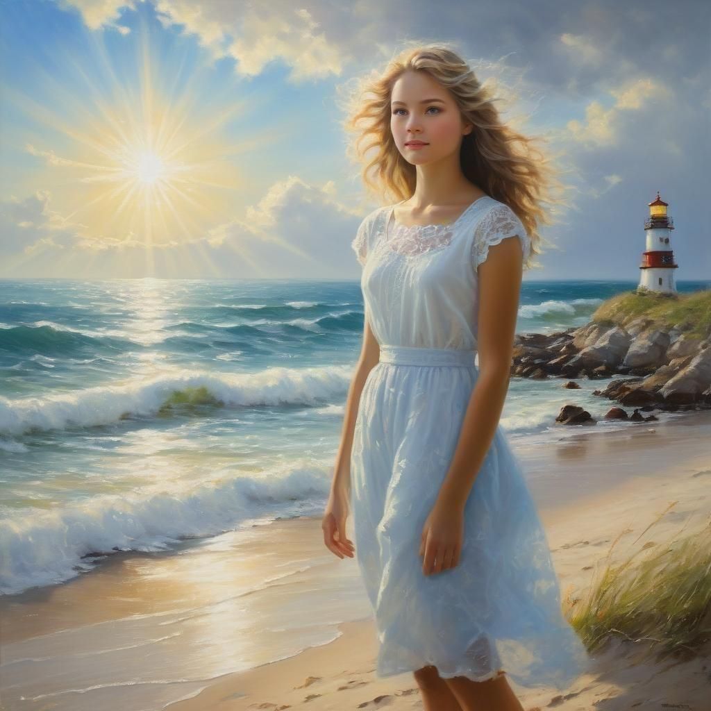 Radiant Beach Portrait in Oil Painting Style
