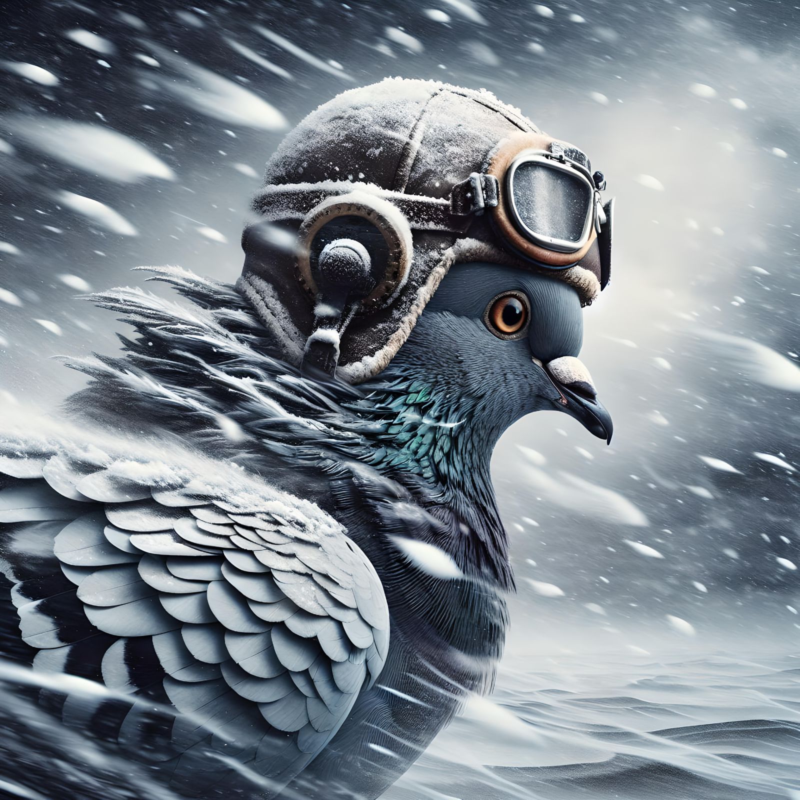 Pigeon in Snowstorm Wearing Pilot Helmet