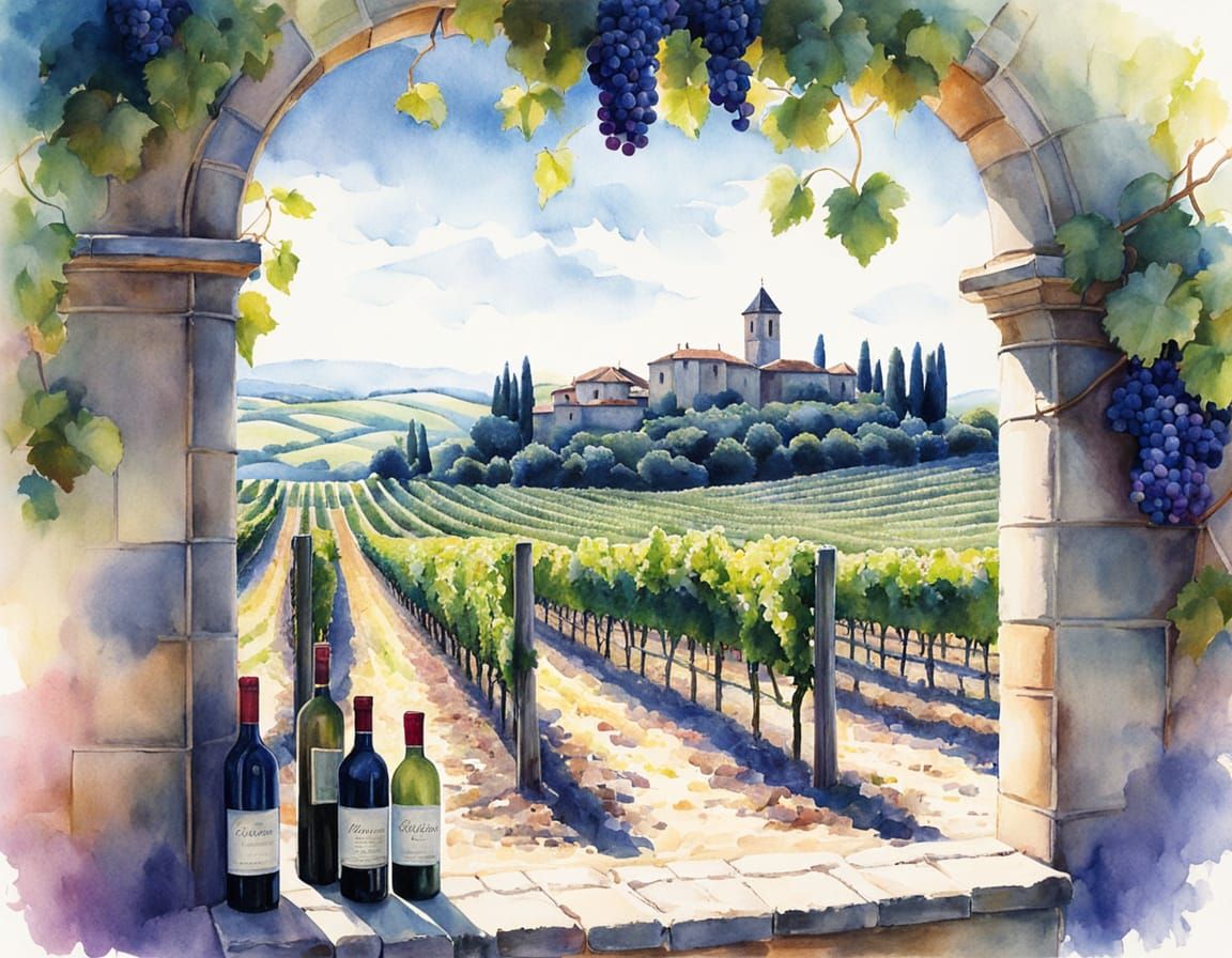 Vineyard Through Wine Bottles in Dreamy Color Pencil Art