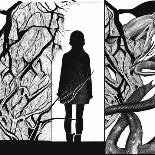 Monochrome Horror: Girl in Dead Forest Illustration
