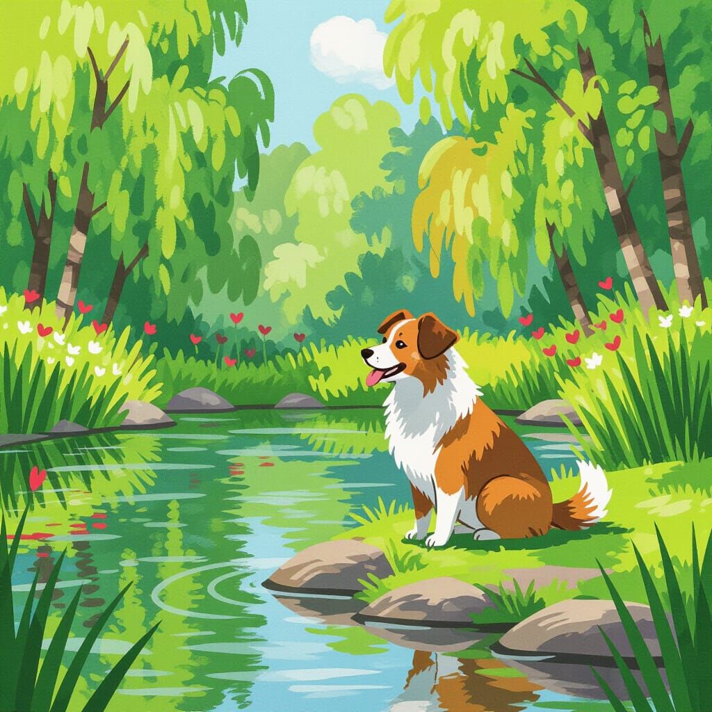 Dog by Pond in Vibrant Color Sketch Style
