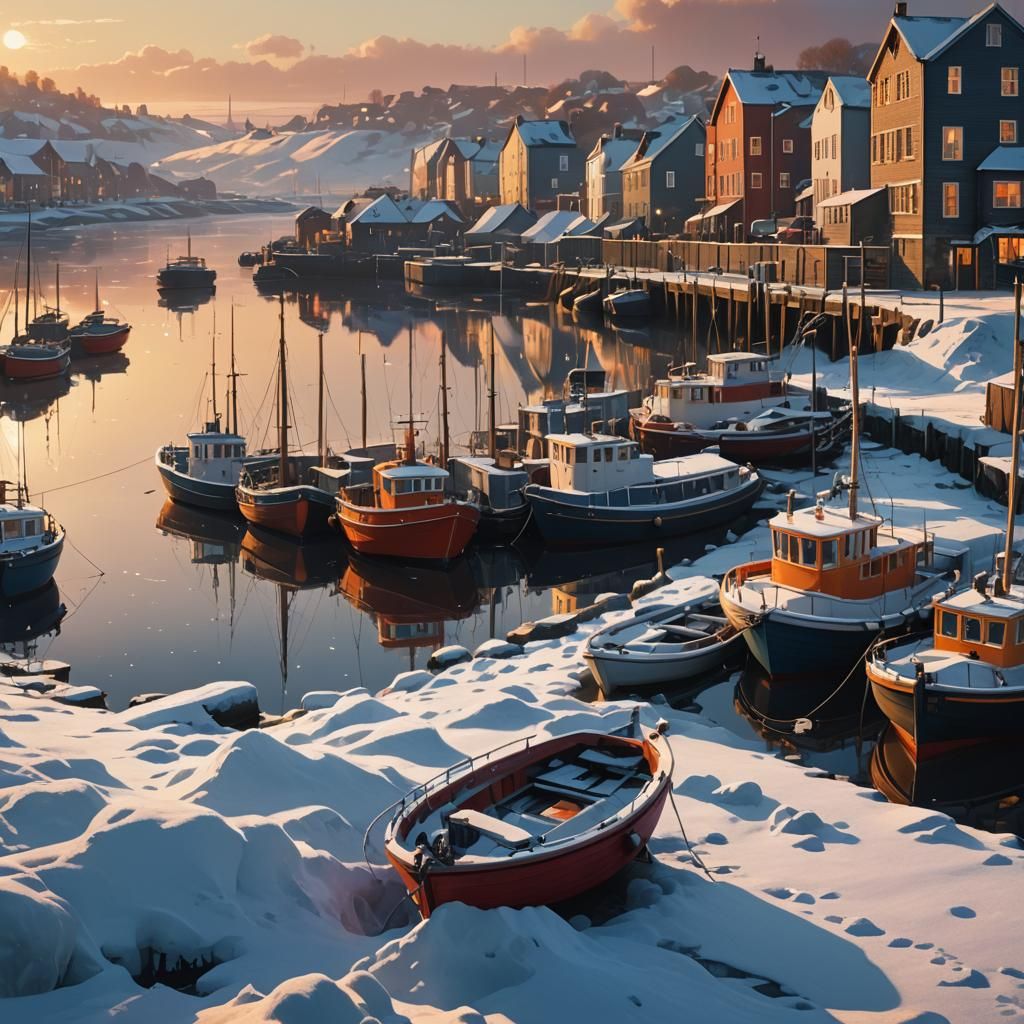 Snowy Harbor Sunset in Hyperrealistic Style