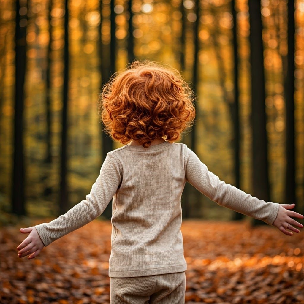 Child Embracing Autumn Forest in Golden Light