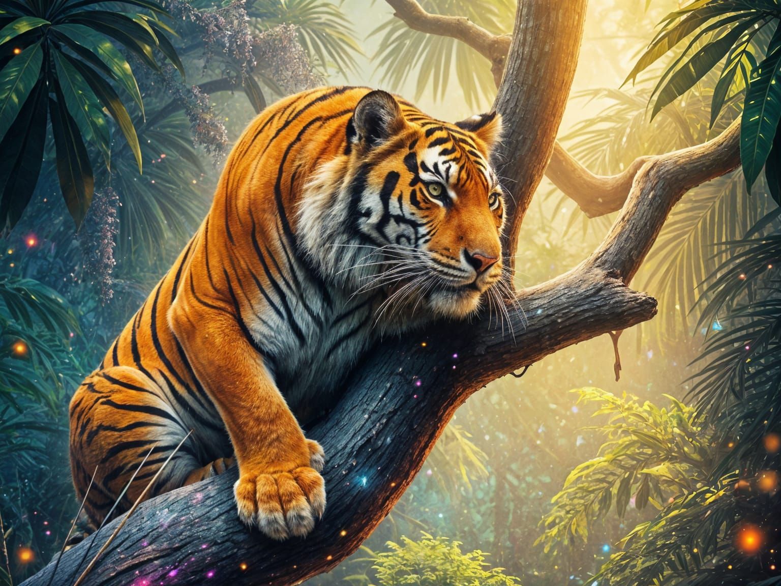 Vibrant Tiger in a Glittering Rainforest