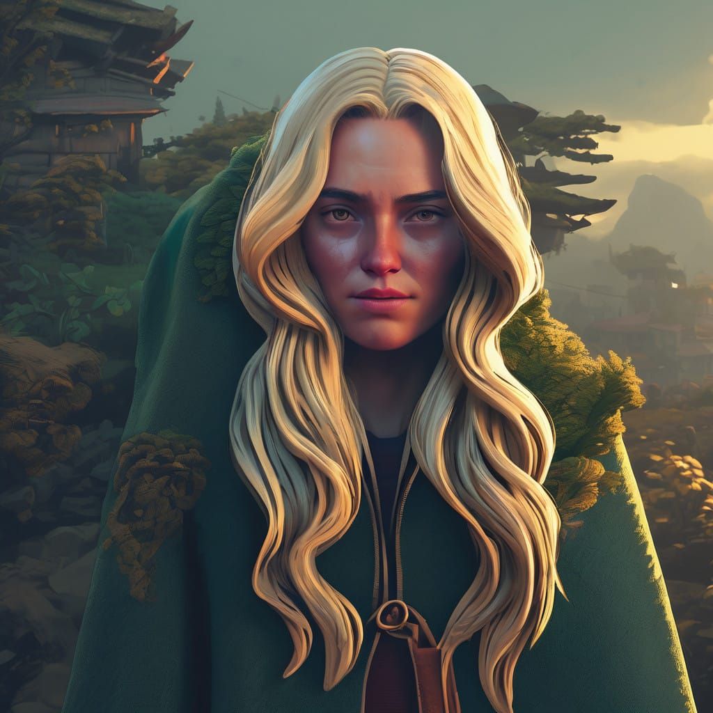 Mystical Village Girl Walks into the Golden Light