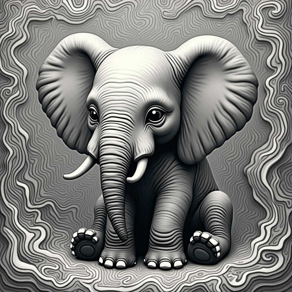Elephant in Abstract Fractal Landscape with 3D Shading