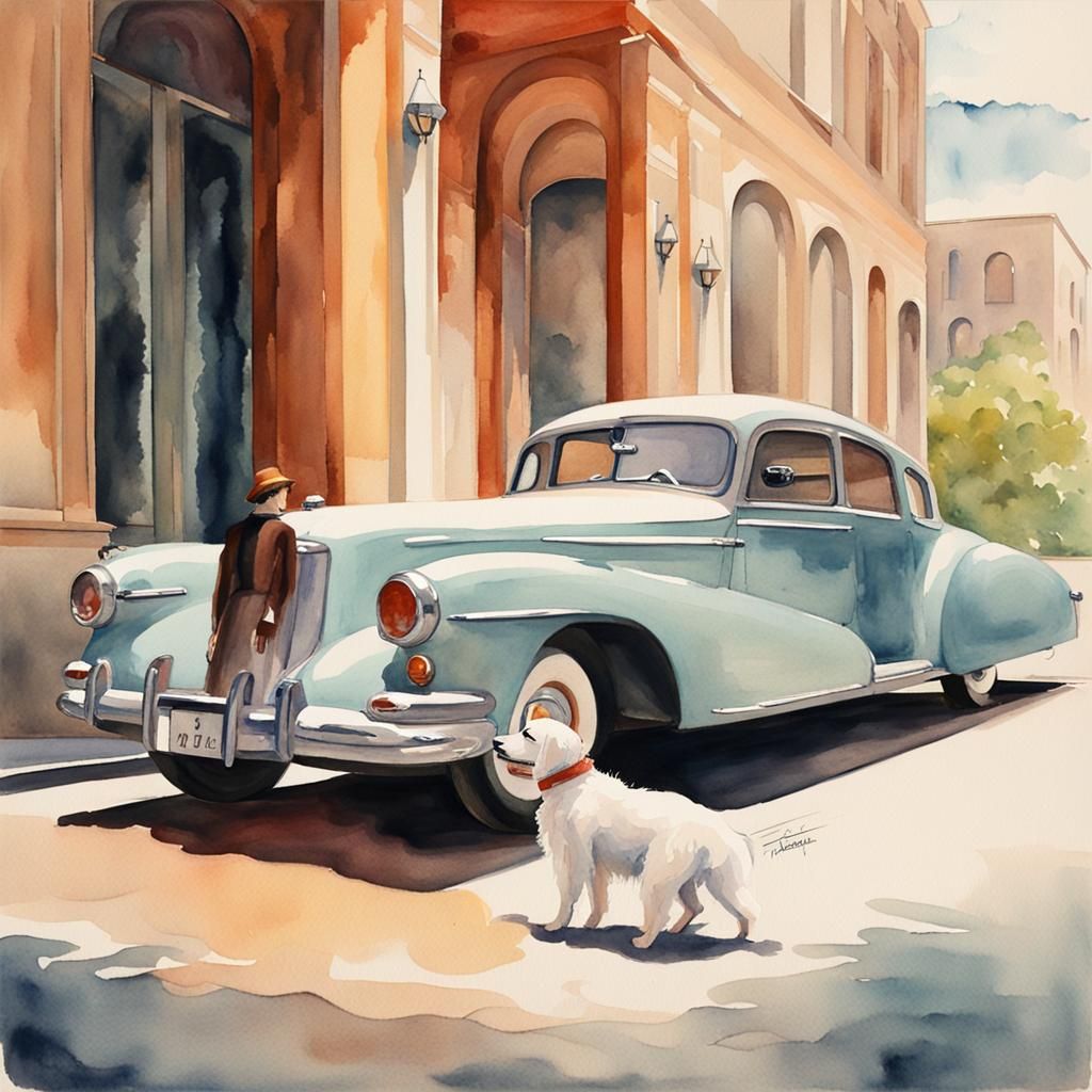 Art Deco Car with Woman and Dog in Gouache Style