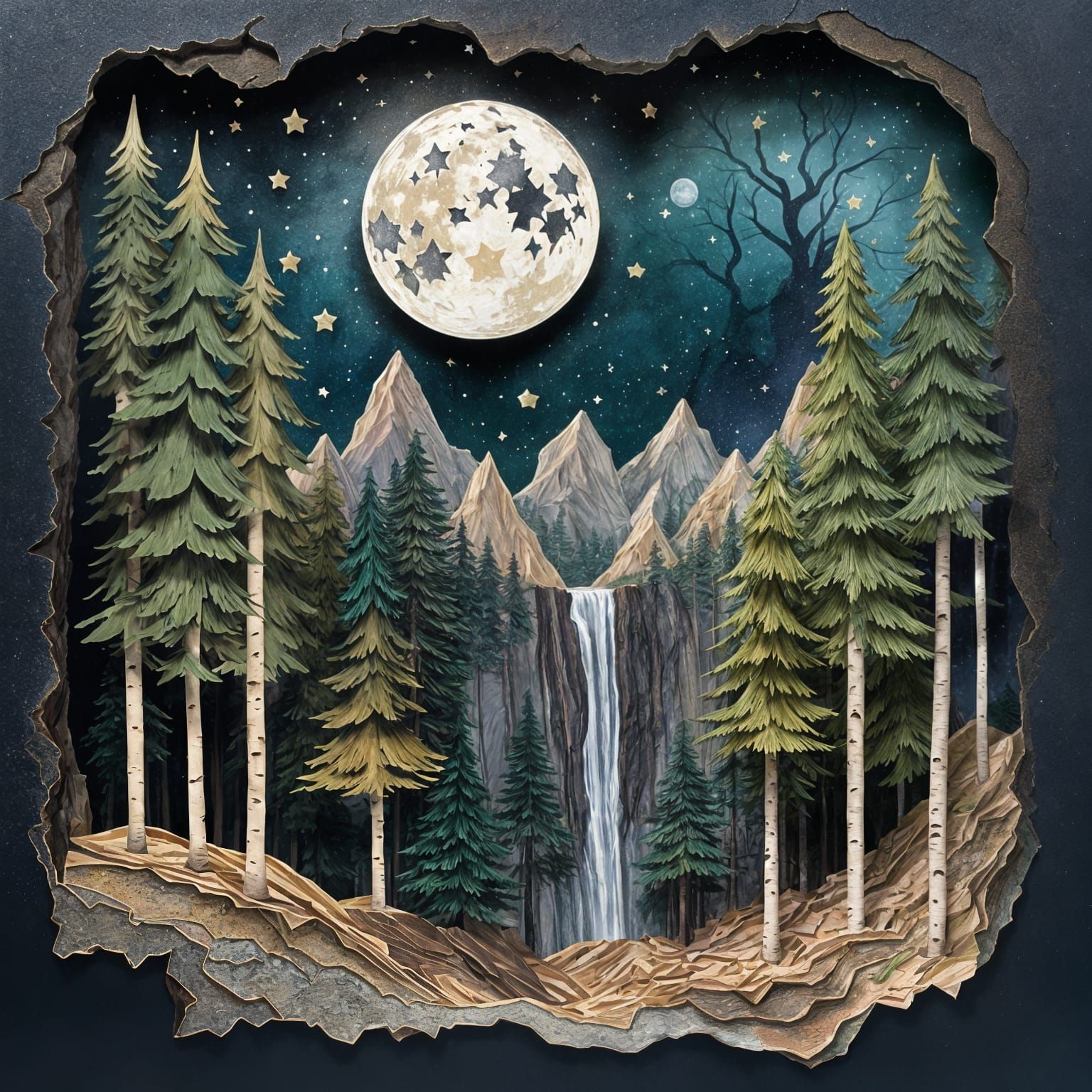 Pine Forest Collage with Waterfall and Moon