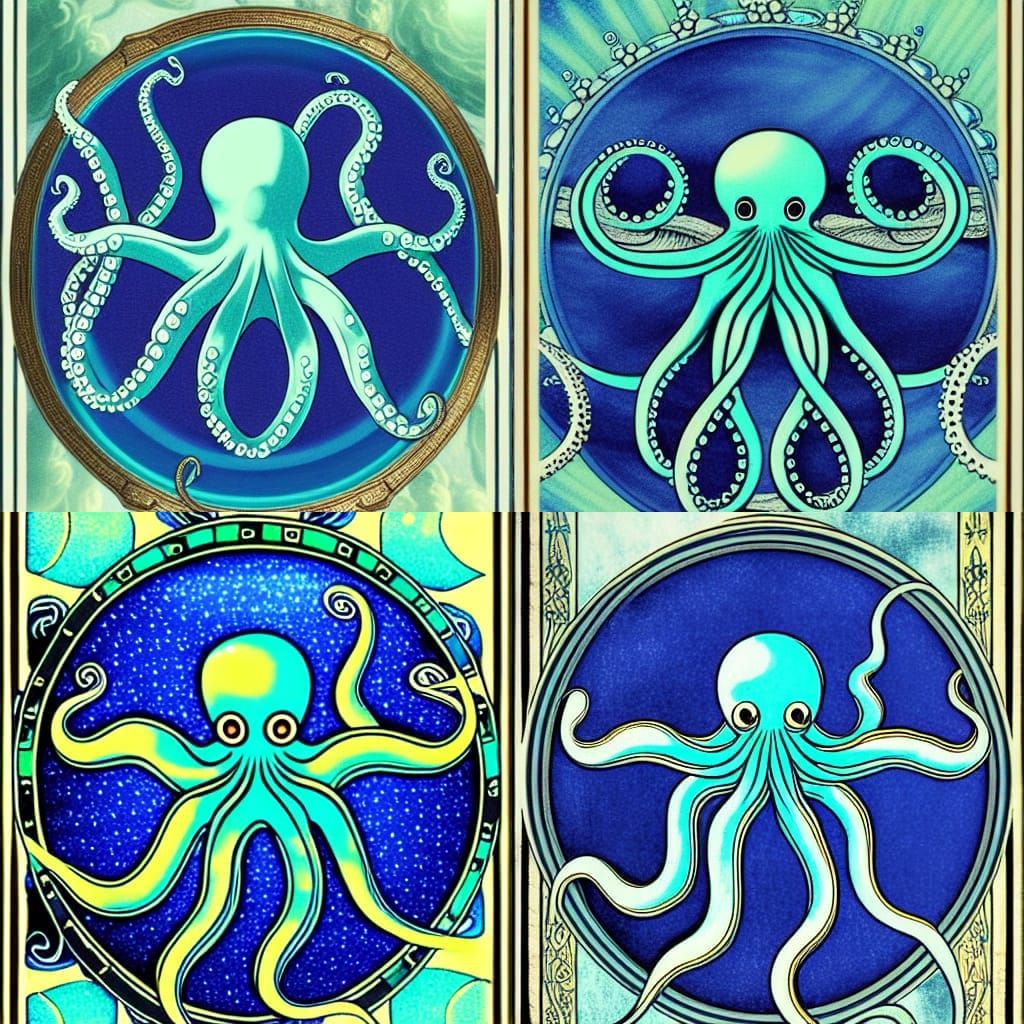 Baroque Octopus in Blue Alchemical Illustration