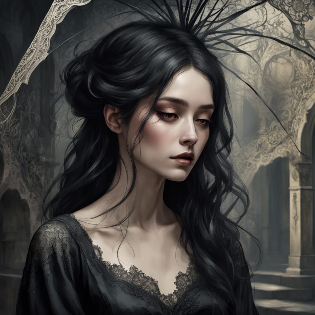 Ethereal Gothic Beauty with Tattered Gown and Broken Parasol