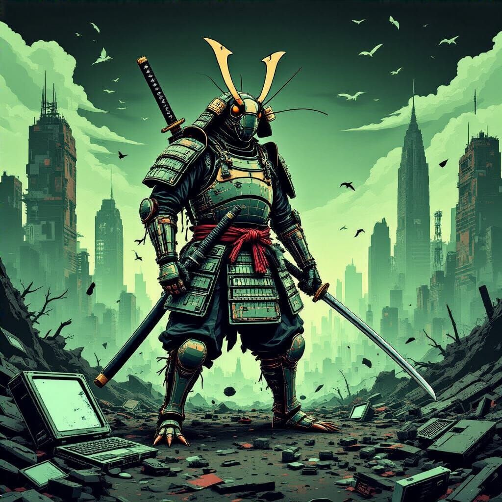 Cockroach Samurai Warrior in Dystopian Tech Wasteland