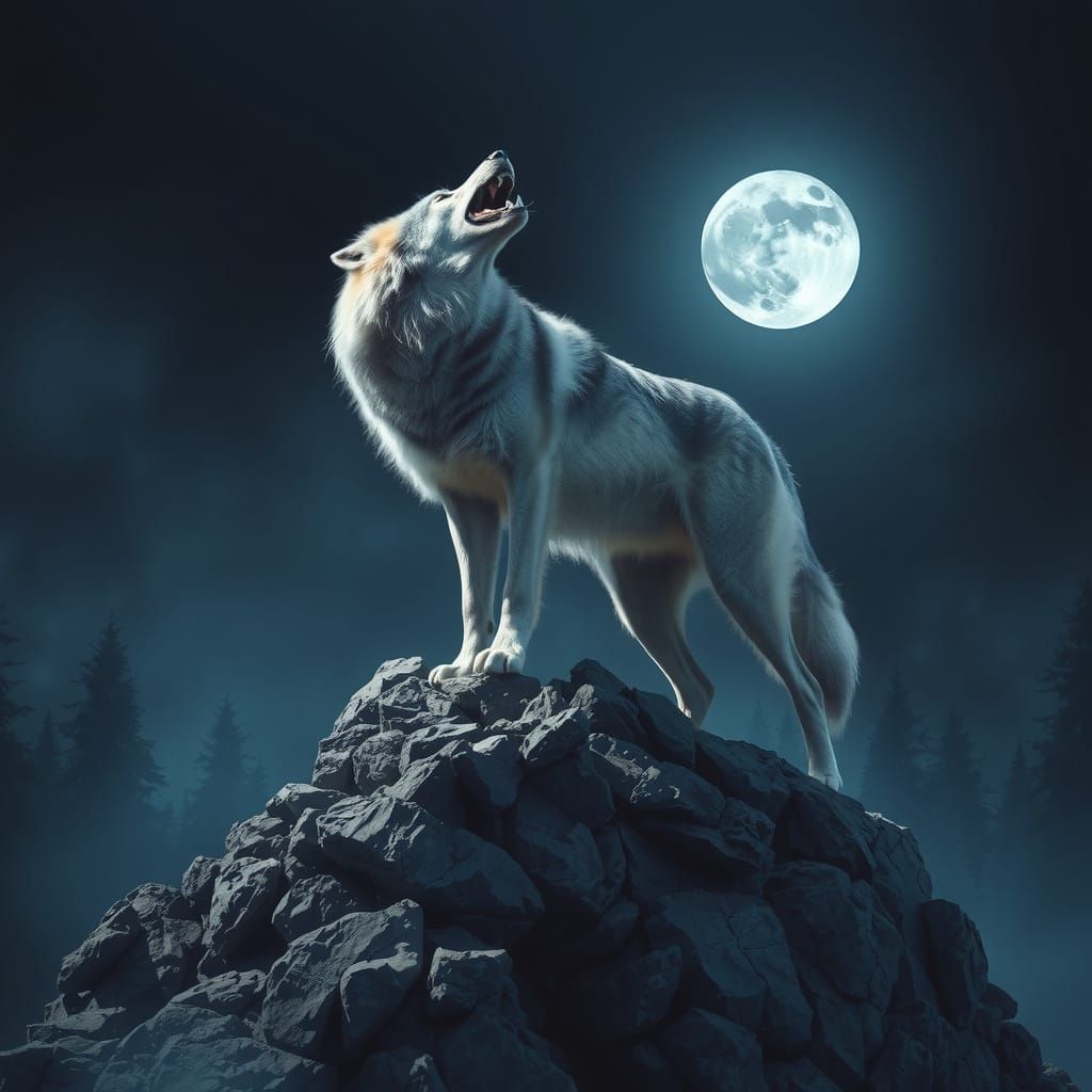 Moonlit Wolf in a Dreamlike Landscape