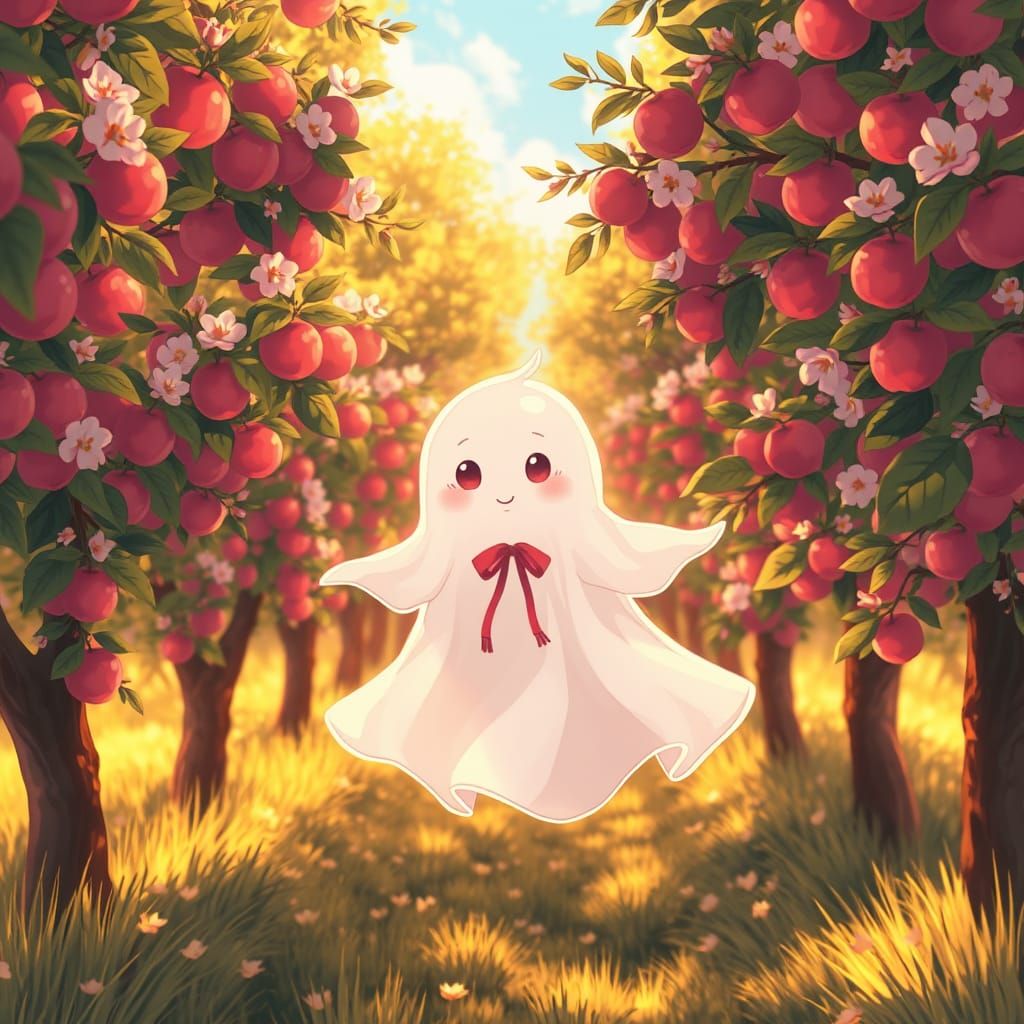 Whimsical Ghost in Apple Orchard, Cel-Shaded Anime Style