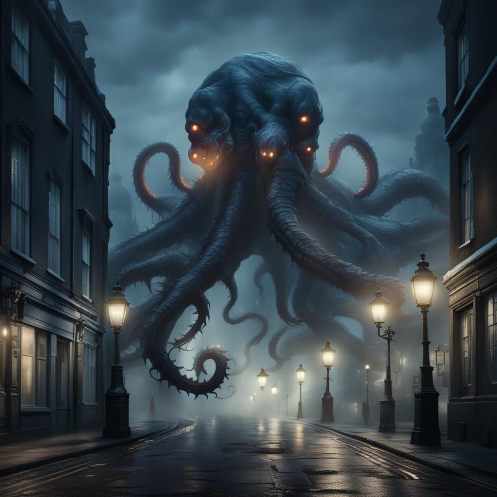 Giant Tentacle Creature in Foggy London Street