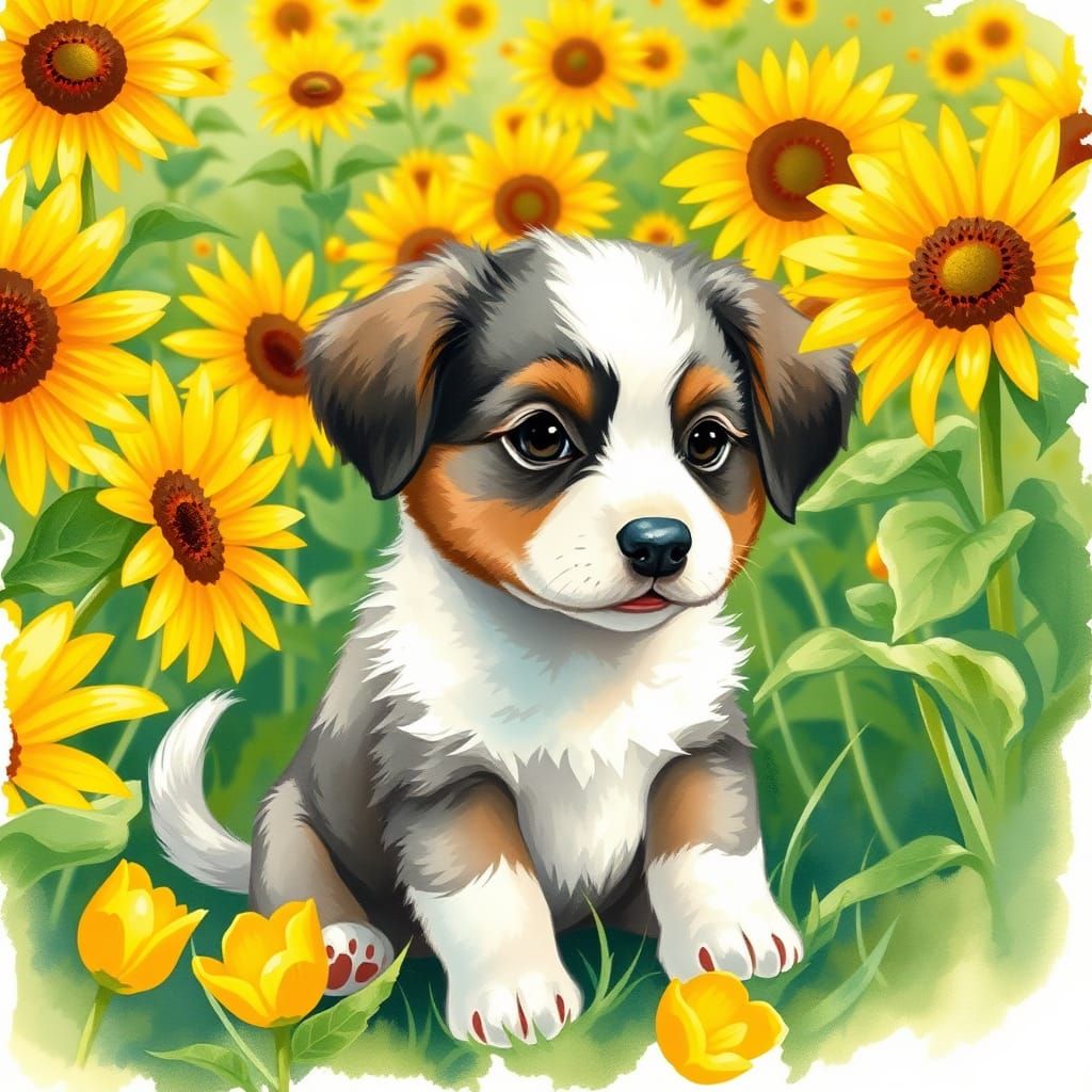 Whimsical Puppy in Sunflower Field