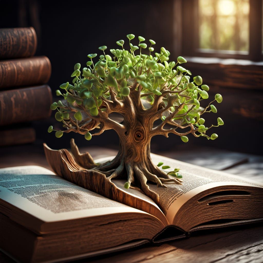 Surreal Tree Sprouts From Book: Hyper-Realistic Digital Art