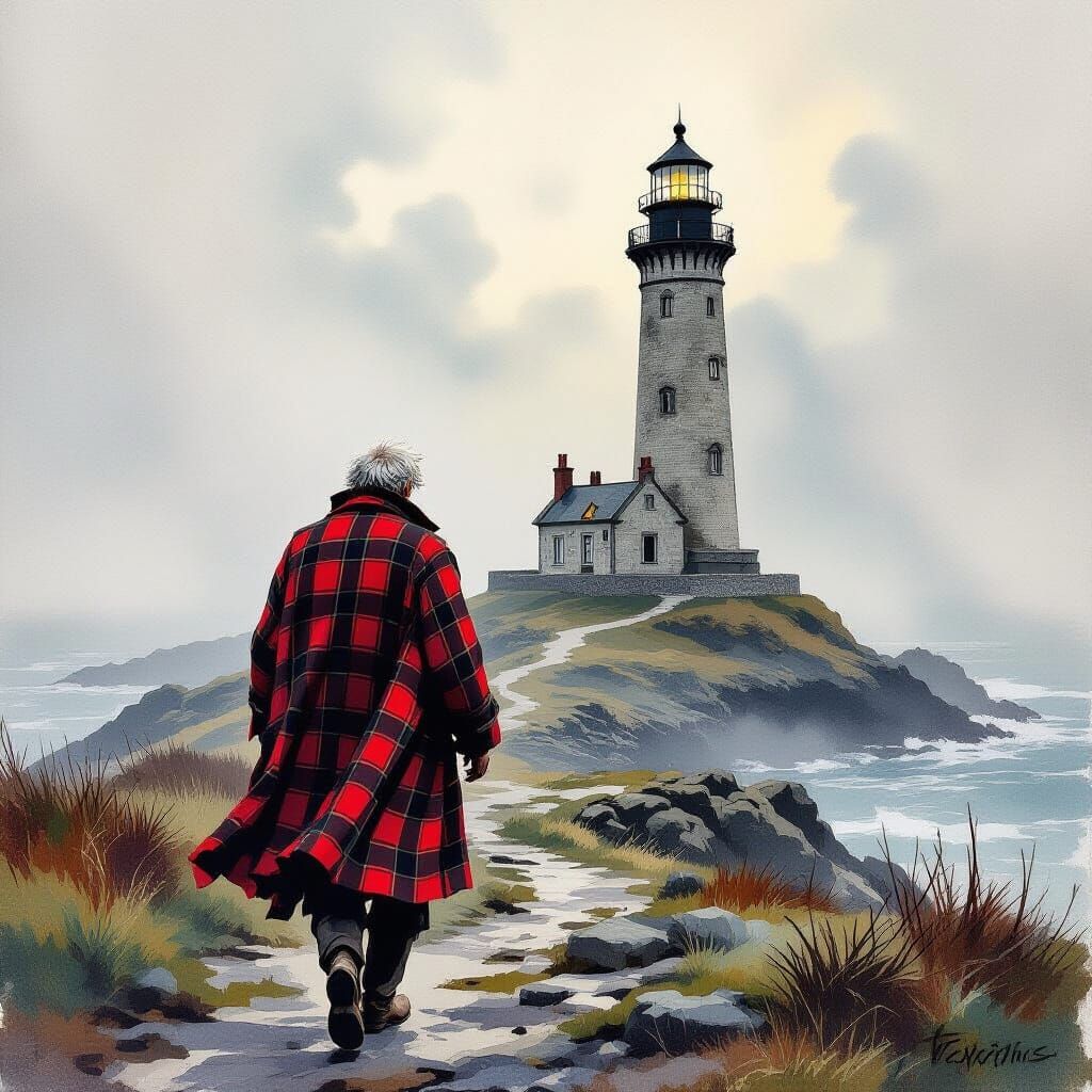 Foggy Island Lighthouse: Gouache Impressionist Painting