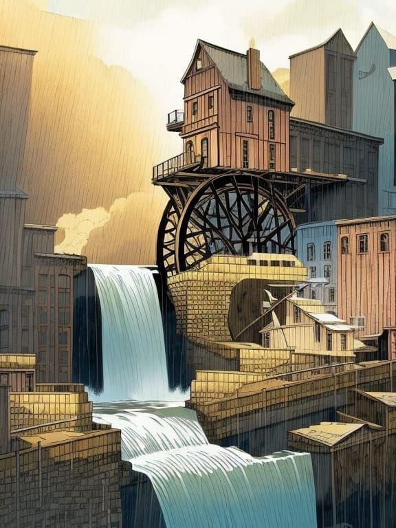Waterwheel in Comic Book New York: Rainy Night