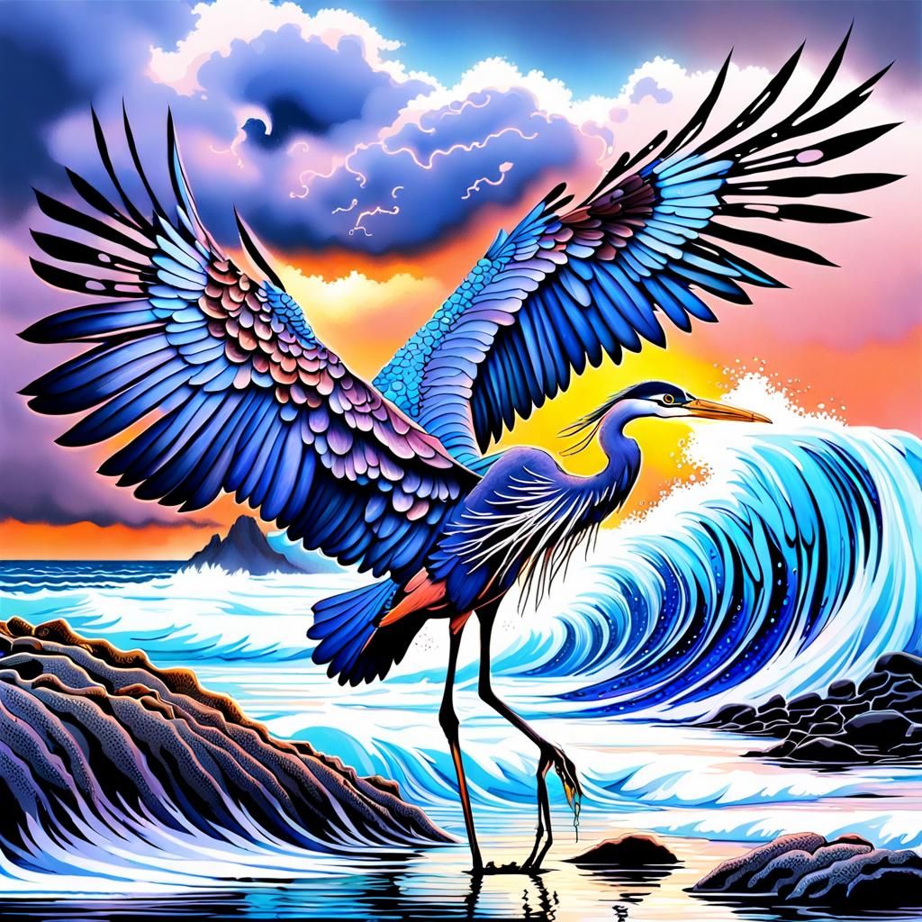 Blue Heron Flight Over Estuary, Fractal Ink Art