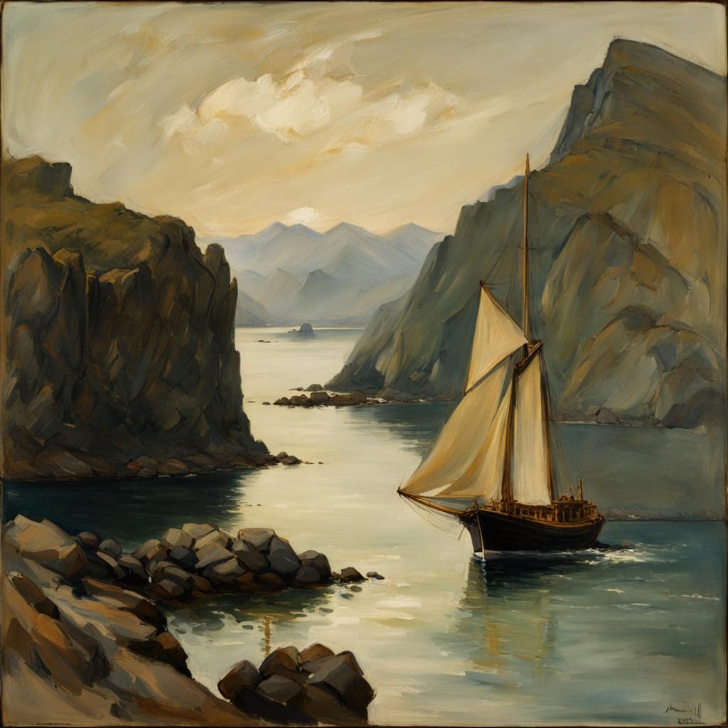 Sailing Ship View of Rocky Island, Tonalist Painting