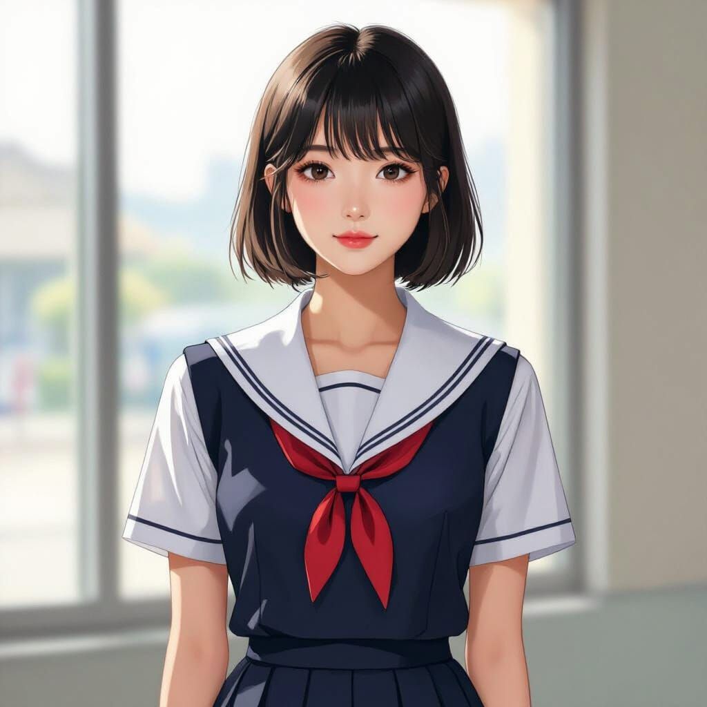 Korean Schoolgirl with Bob Cut in Realistic Style