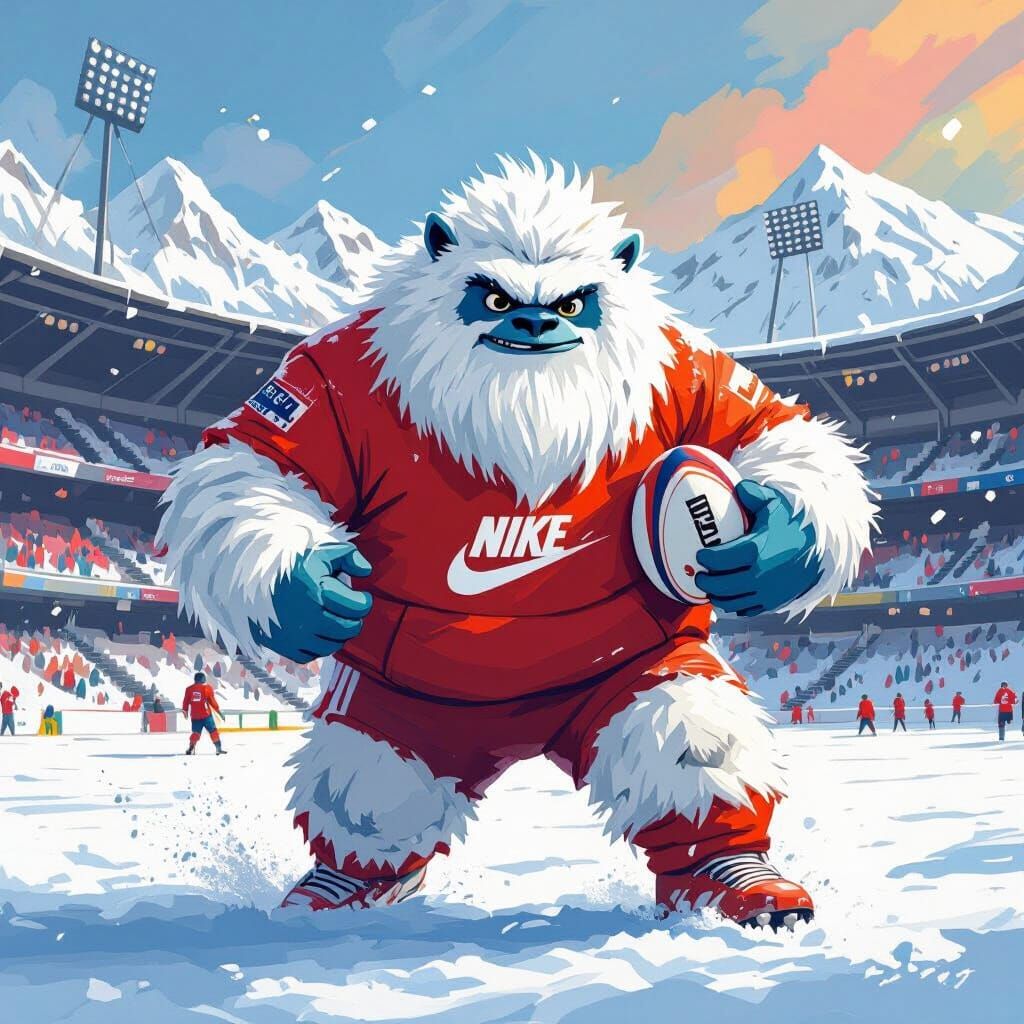 Chubby Yeti Plays Rugby in Snowy Stadium