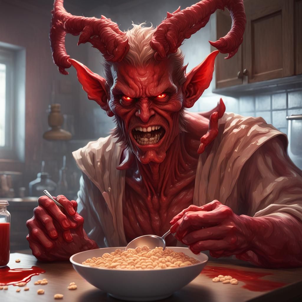 A demon sitting at a small kitchen table eating a bowl of cereal that is red liquid, head and shoulders portrait, 8k res...