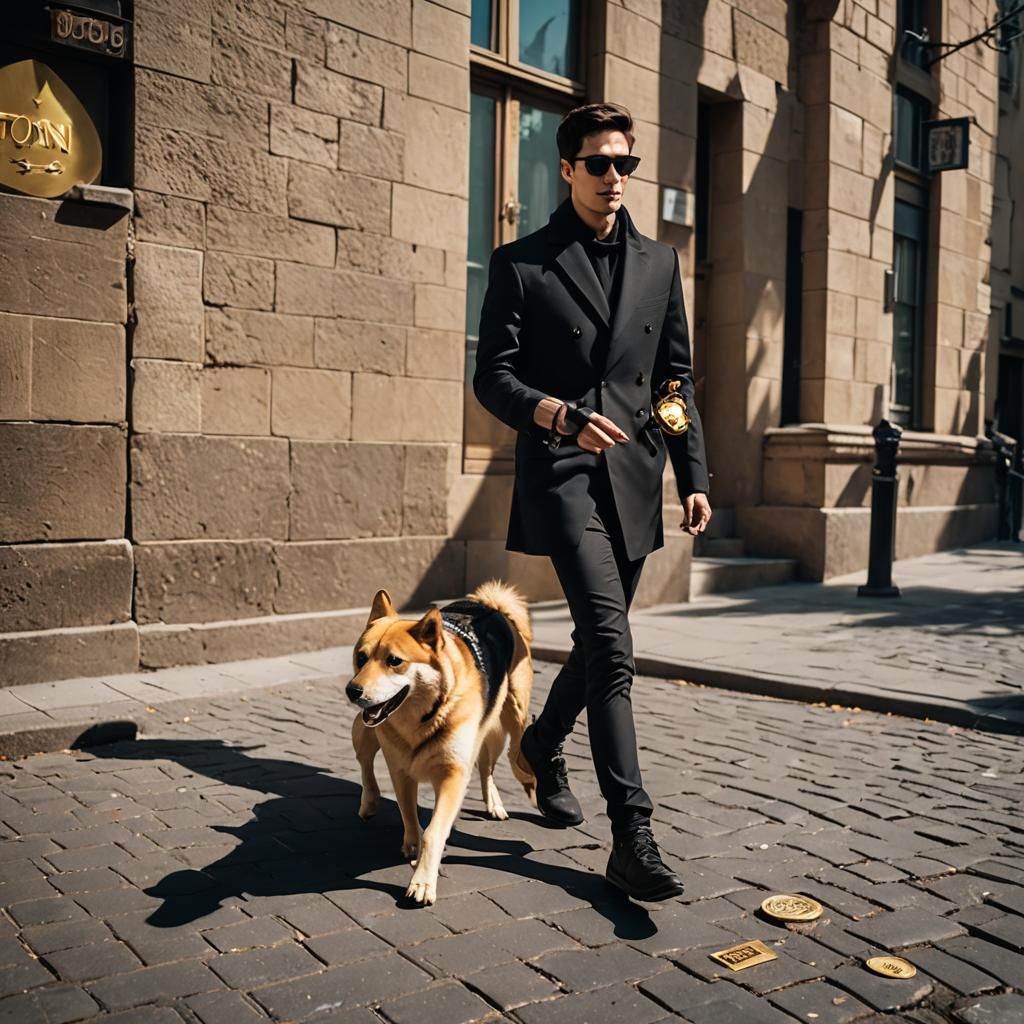 Pavel Durov walking a doge dog with stellar sunglasses with ...
