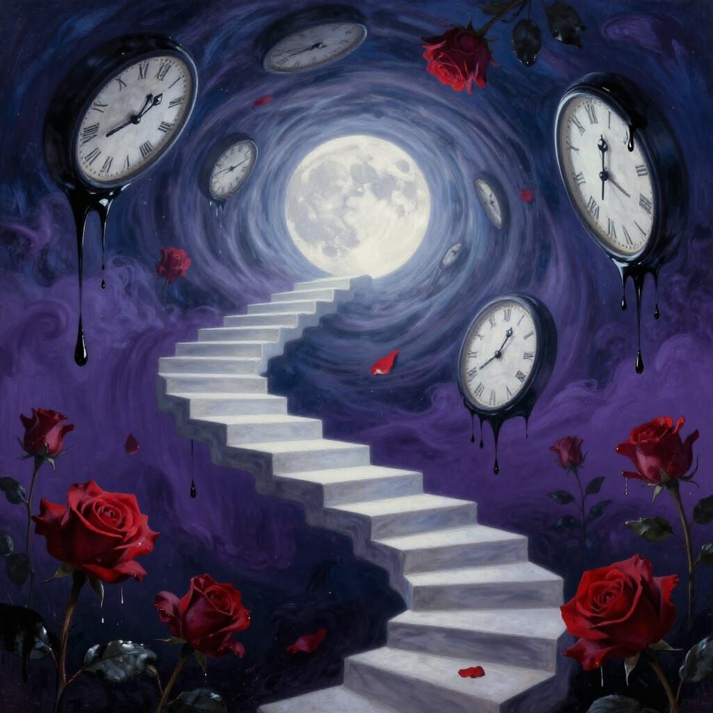 Surreal Dreamscape With Melting Clocks and Ink-Weeping Roses